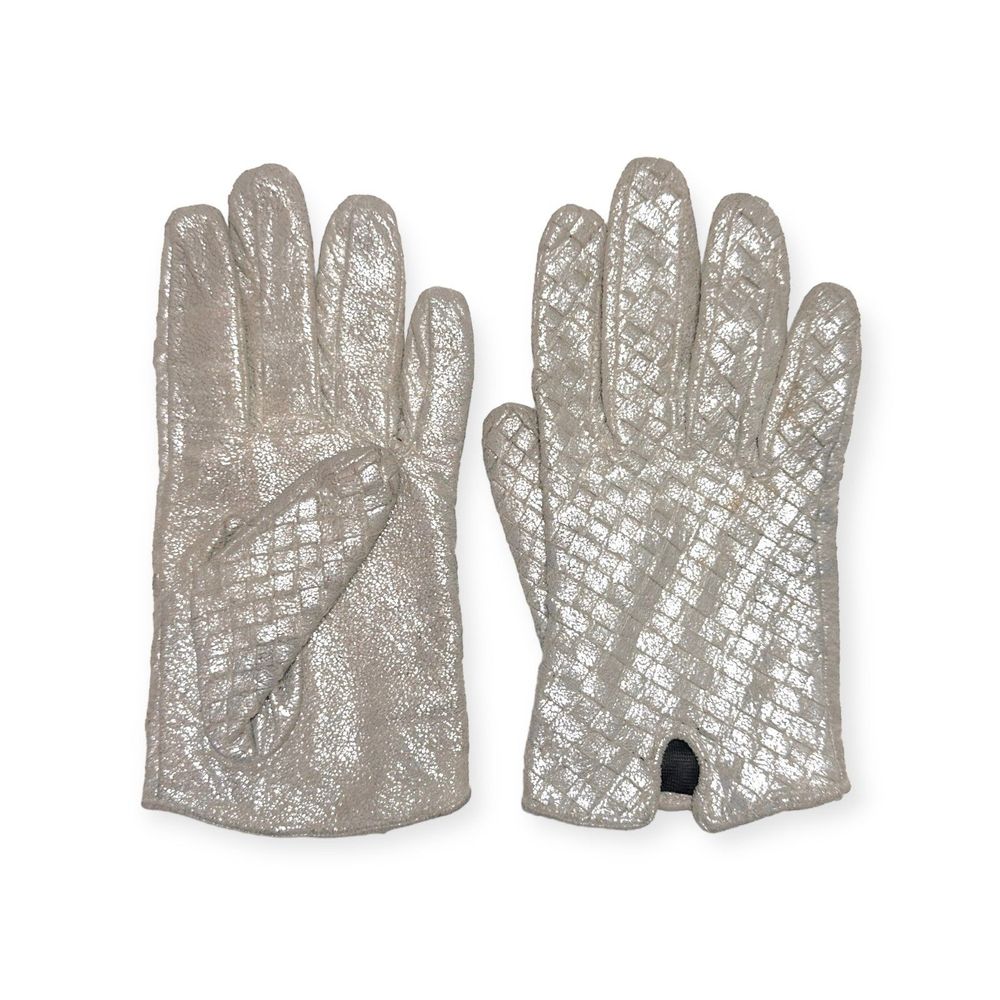 Vintage Woven Distressed Silver Leather Gloves, Size S/M